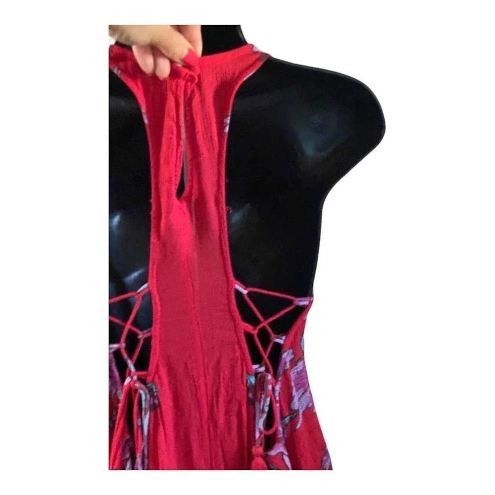 Free People Sleeveless High Neck Size XS Floral Mini Red 100% Viscose Relaxed - Picture 4 of 12